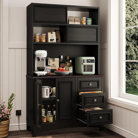 71" Tall Kitchen Pantry Cabinet with Microwave Shelf Built-in Charging Station, Black Sliding Door Cabinet, Customized