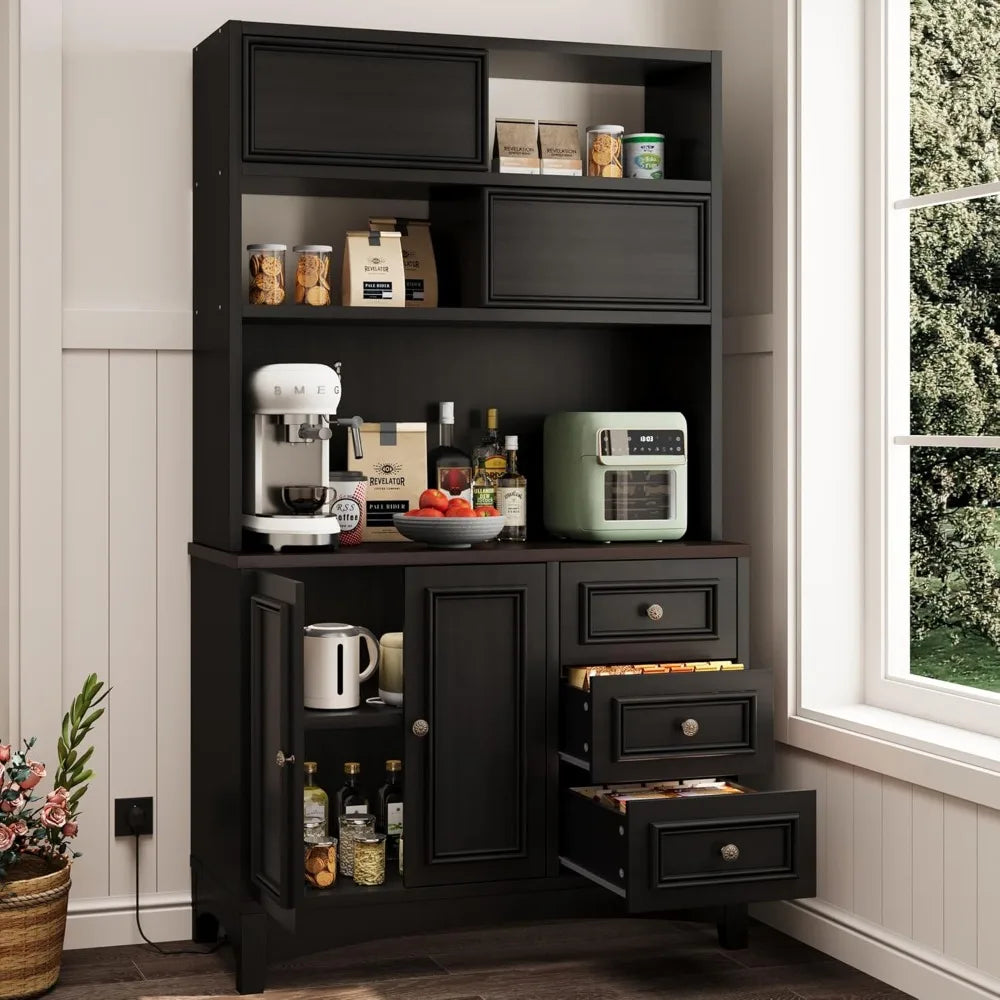 71" Tall Kitchen Pantry Cabinet with Microwave Shelf Built-in Charging Station, Black Sliding Door Cabinet, Customized
