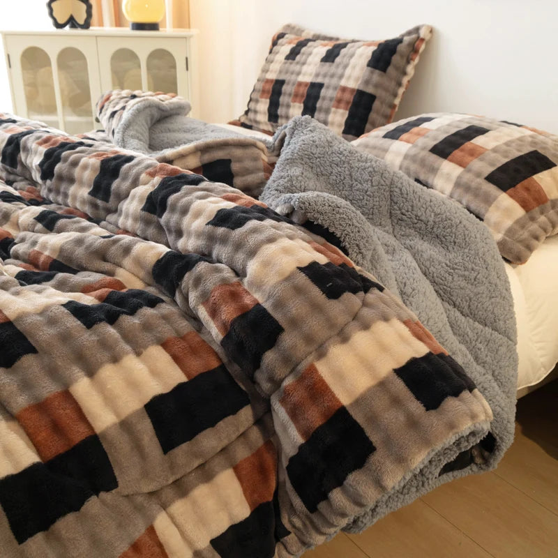 3-pc quilt set: all-season plush faux rabbit fur, Bohemian style. Perfect for bedroom/guest room & holiday gifts.