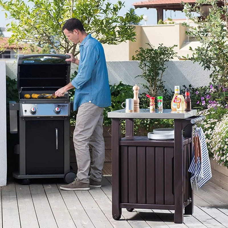 Unity Outdoor Grill Prep Table & Serving Cart, Stainless Steel Top, 40 Gallon Portable Bar Table & Storage Cart, Cooking Accesso