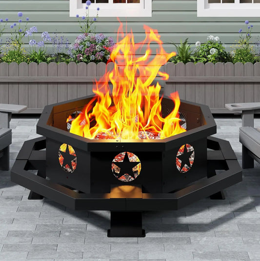 43 Inch Octagonal Fire Pit for Outside, Outdoor Wood Burning Firepit for Bonfire Patio Backyard Camping, Black, Customized