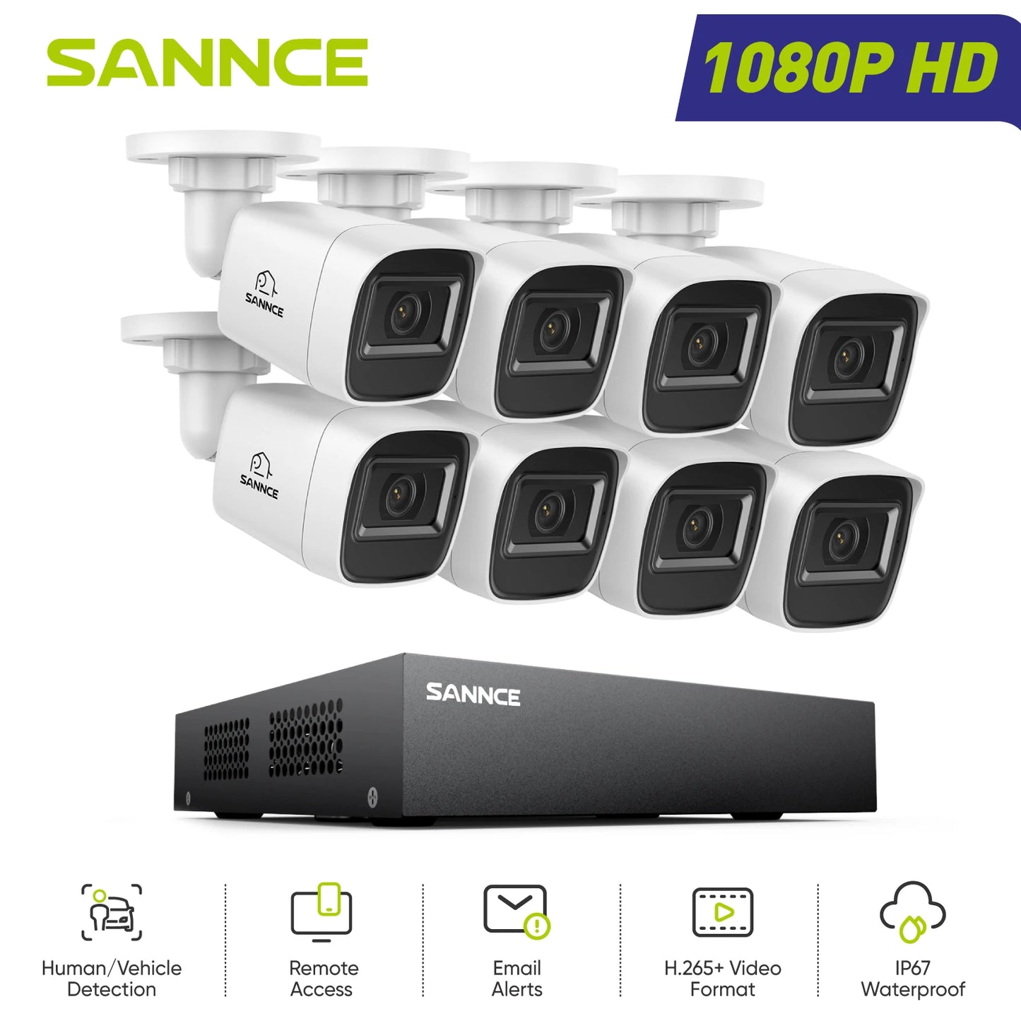 SANNCE 8CH 1080P Security Camera System DVR IP66 CCTV Cameras with IR 100ft Night Vision LEDs Home Surveillance System