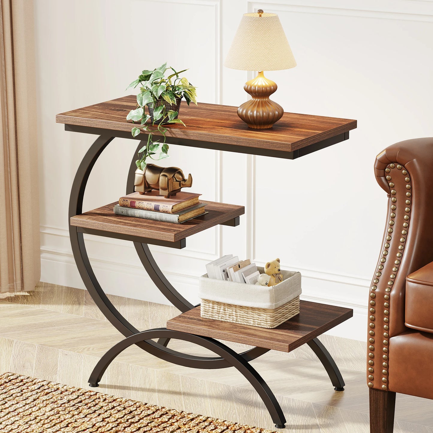 Tribesigns C-Shaped End Table, Industrial 3-Tier Small Table for Couch with Storage Shelves