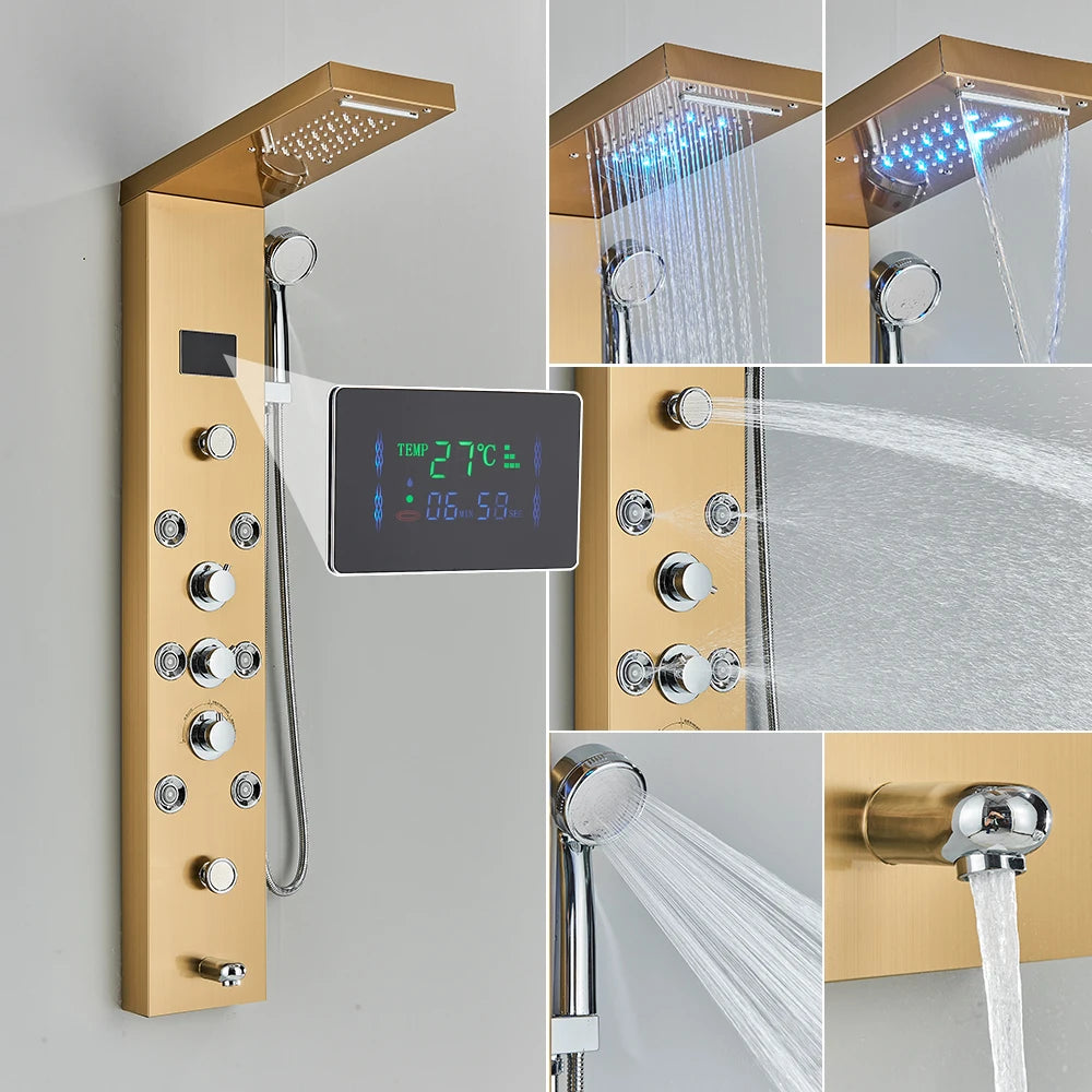 Newly Luxury Black/Brushed Bathroom Shower Faucet LED Shower Panel Column Bathtub Mixer Tap With Hand Shower Temperature Screen