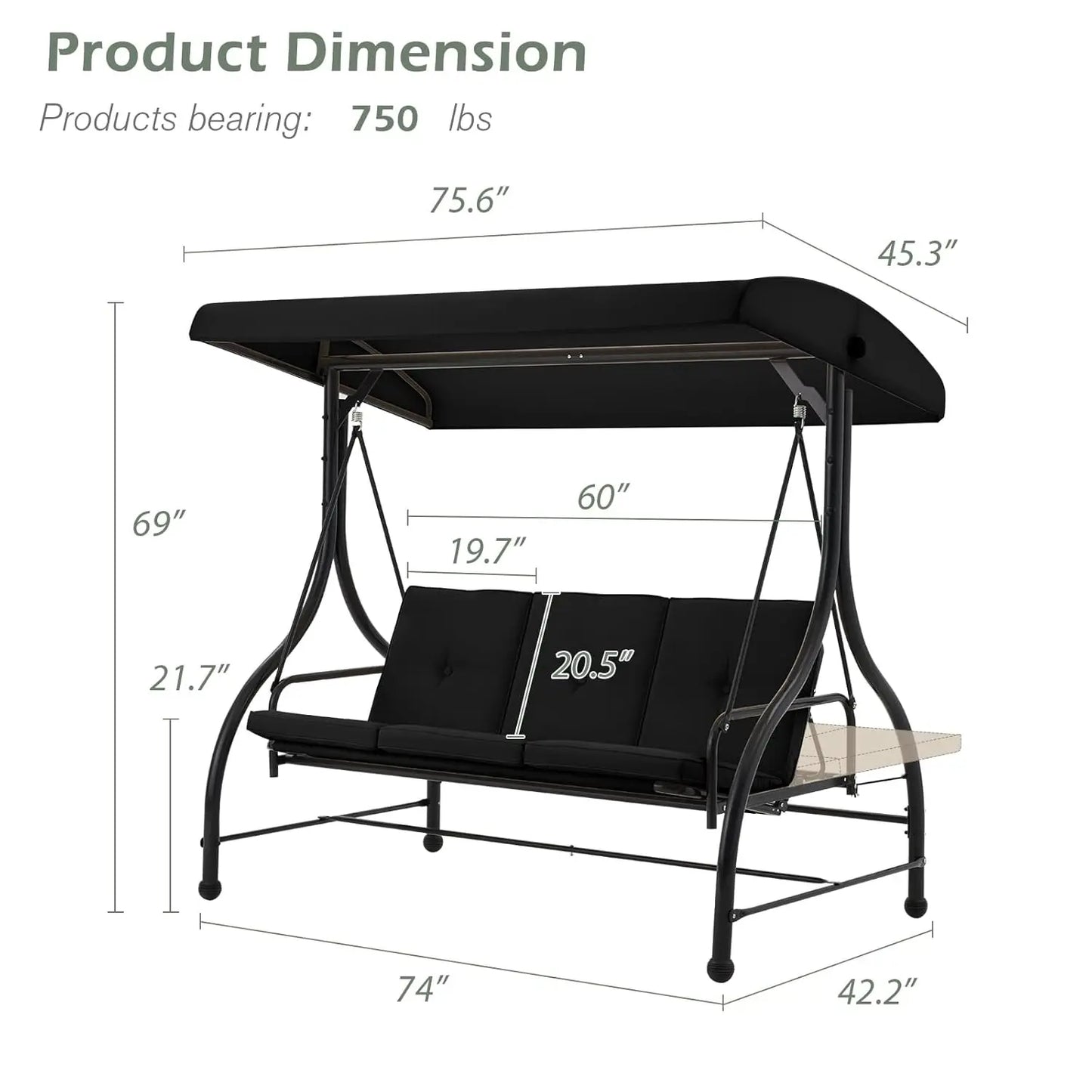 3-Seat Outdoor Patio Swing Chair, Converting Swing Glider Canopy Hammock w/Adjustable Backrest and Canopy, Customized