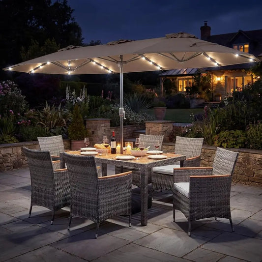 9-Piece Rattan Outdoor Dining Set with 13ft Patio Umbrella or 6-Seat Wicker Table Set with Cushioned Chairs, Acacia Wood Top, Ou