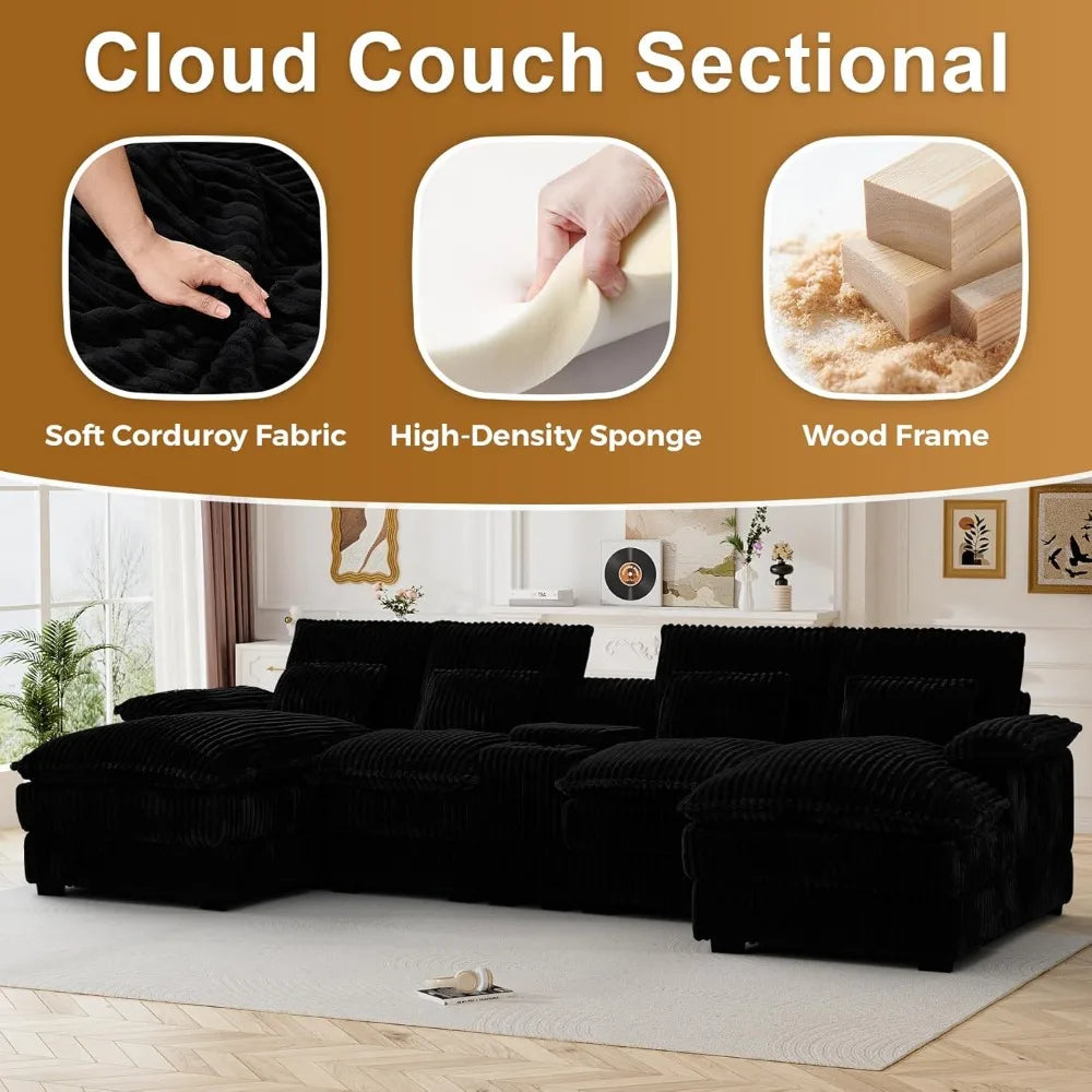 124" Cloud Couch Sectional U Shaped Jet Black Sectional Couches for Living Room, Plush Soft Comfy Fluffy Corduroy, Customized