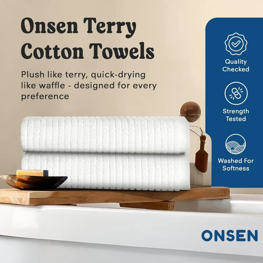 Terry Cotton Waffle Bath Towel Set – 2 Pack Luxury, Quick Dry & Absorbent Bathroom Towels – Soft, Lightweight, Durable Large
