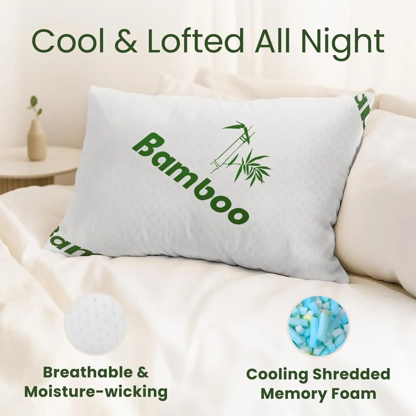 Queen Size Memory Foam Pillows Set of 2 - Cooling Bed Pillows for All Sleepers, Firm and Comfy, Bamboo Rayon
