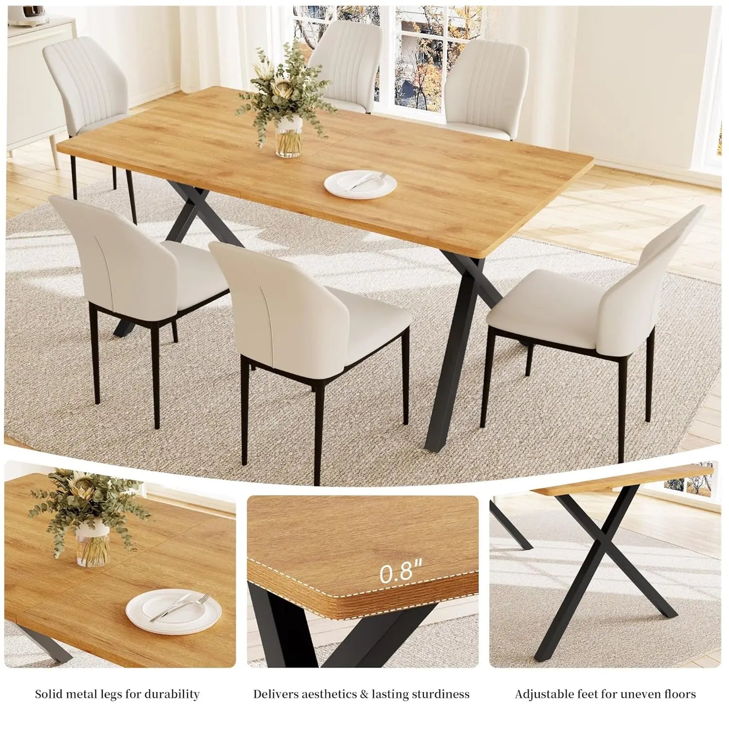 7-Piece Dining Set 63in MDF Table 6 Upholstered Chairs Metal Legs Kitchen Room Oak White Custom