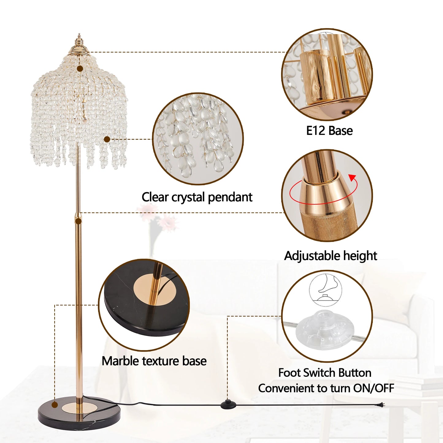 ARLGSITE 3-Light Elegant Crystal Floor Lamp Vintage Waterfall Design with Crystal Bead Strings and Marble Texture Base (No Bulb)