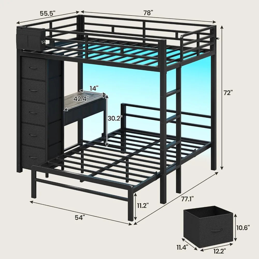 Bunk Bed with Desk, Full Over Full Bunk Beds with 5 Storage Drawers & Charging Station, Full Size Bunk Bed with LED, Custom