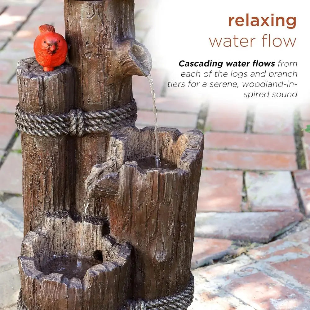 35" Tall Outdoor 3-Tier Birdhouse Water ountain with Accent, Rustic loor Decor or Garden and Patio, Brown
