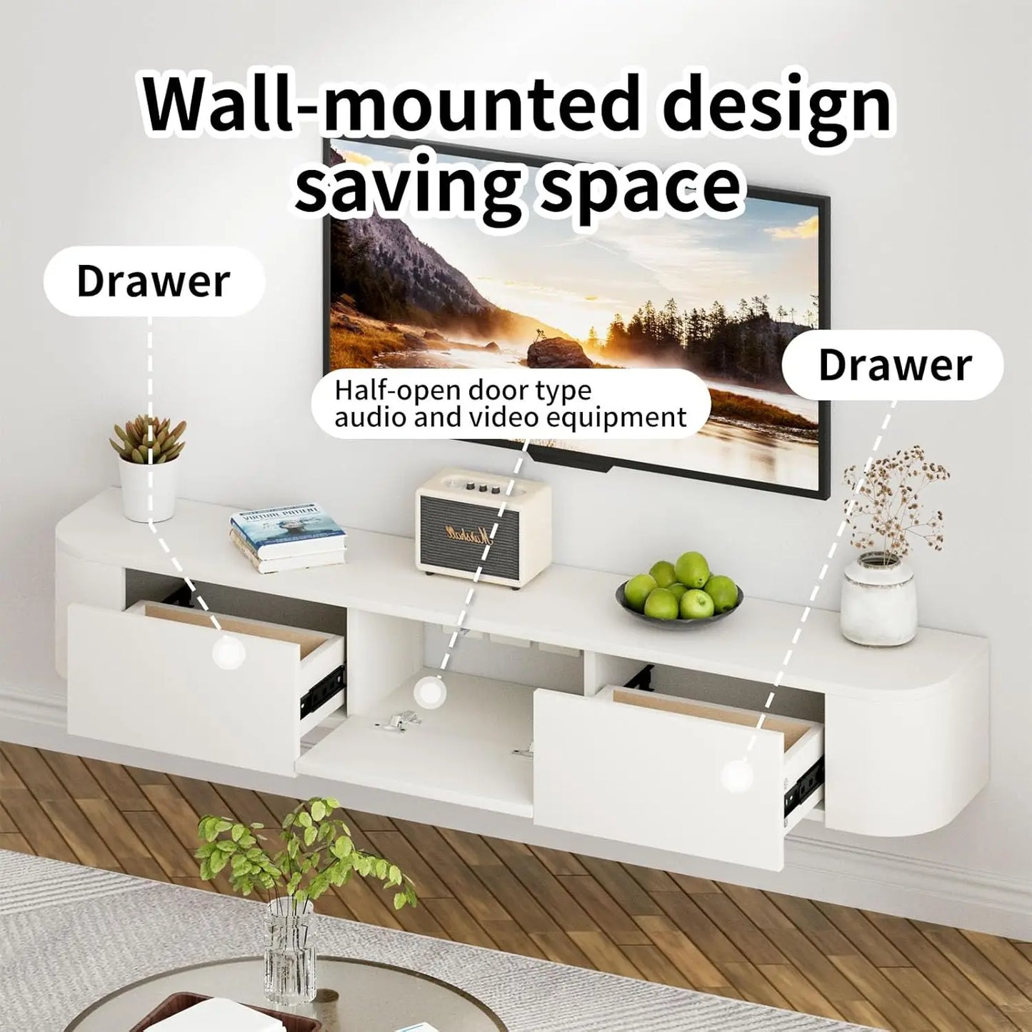 Floating Wall Mounted TV Stand Media Console Storage Cabinet Shelf Living Room Bedroom 70.9IN White,Customized