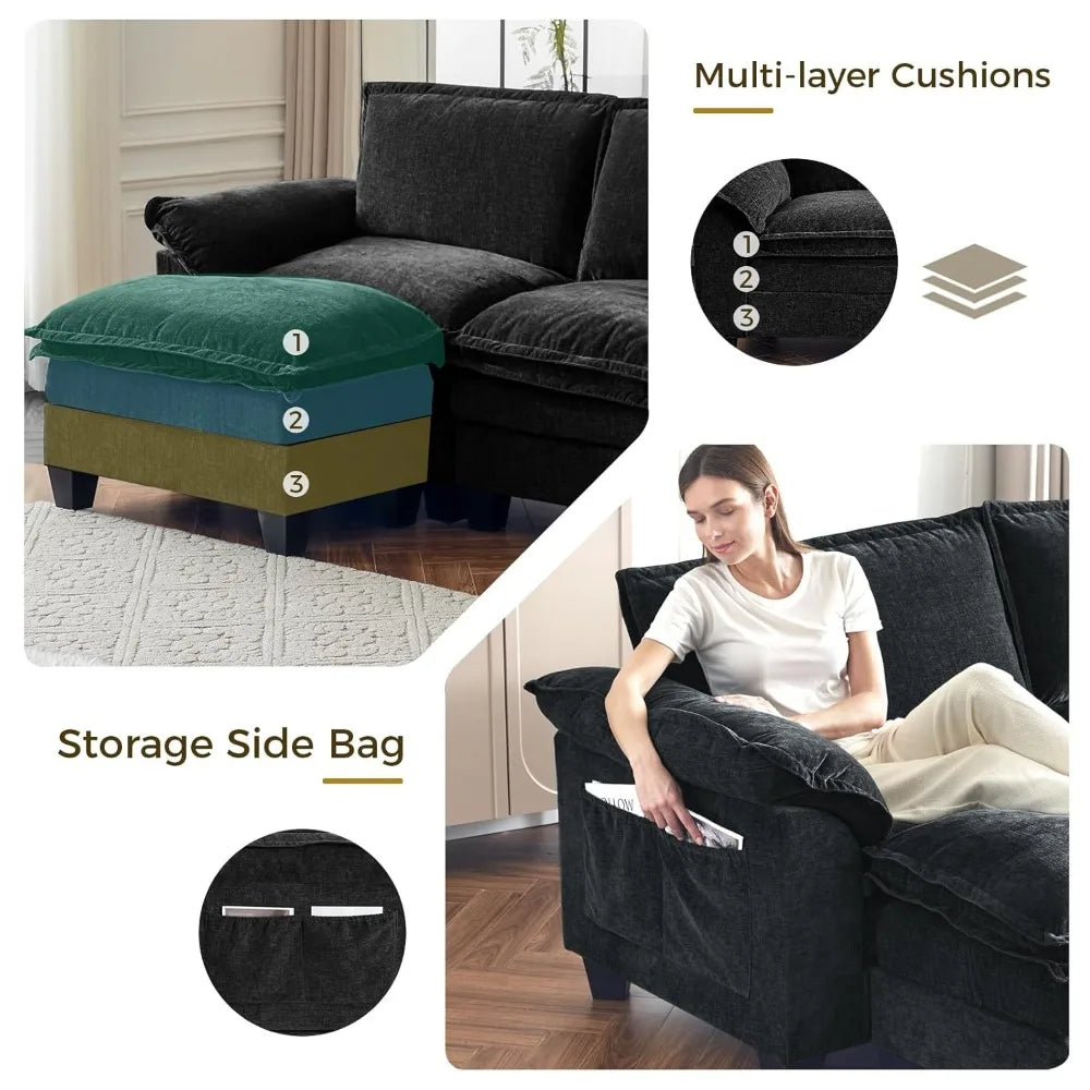 U-Shaped Modular Sectional Sofa, 6 Seater Cloud Couch with Ottoman, Chenille Sectional Couches for Living Room