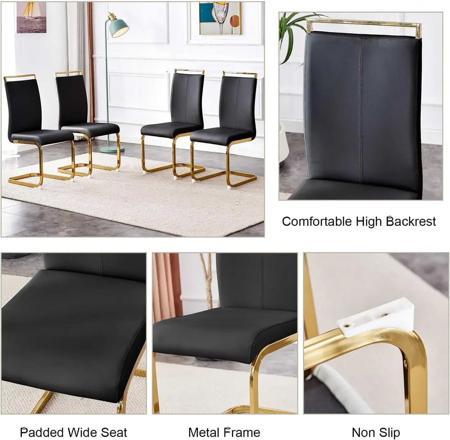 Dining Table Set of 4,51" Rectangle Tempered Glass Table Top with Golden Metal Legs,Kitchen Room Table with 4 Black Faux