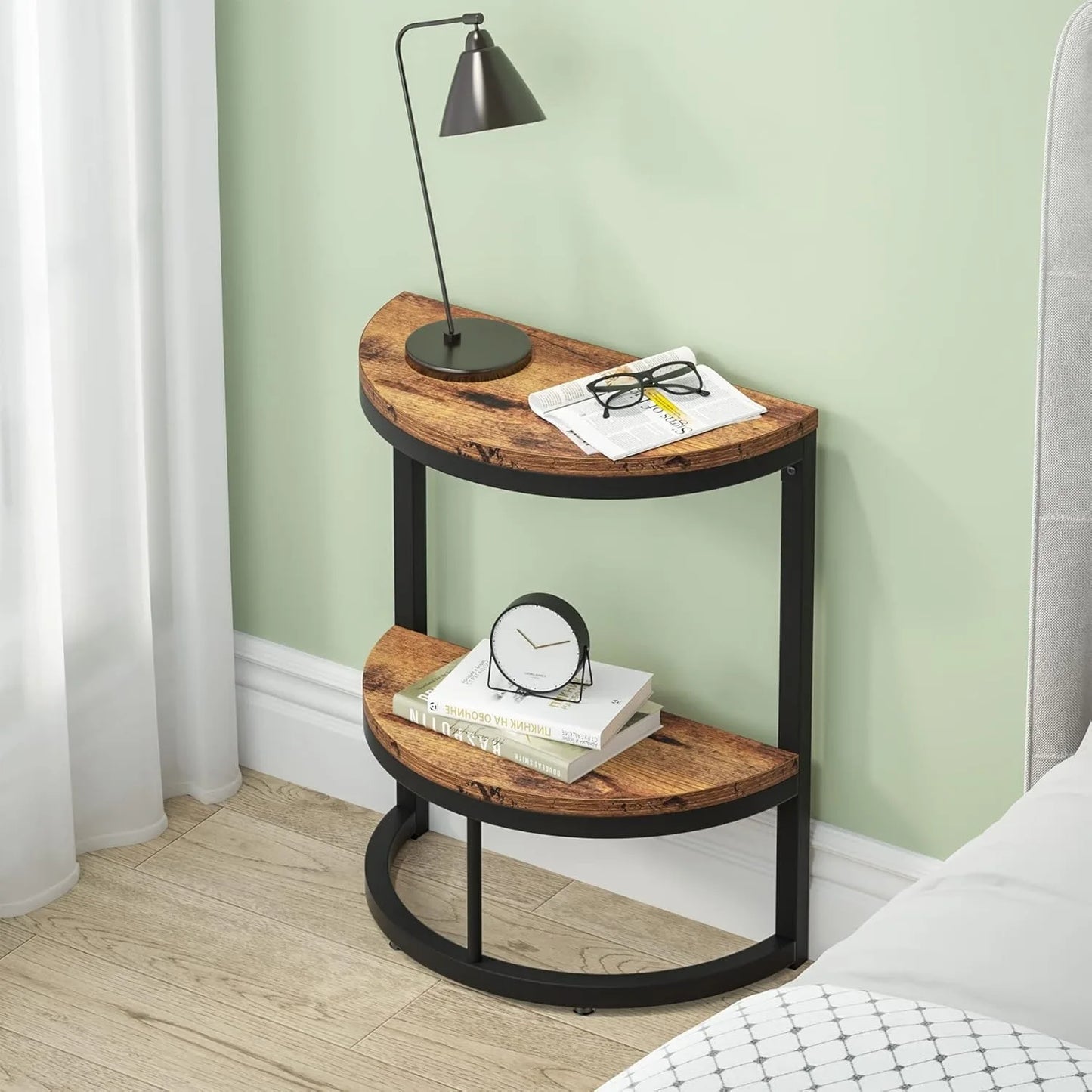 2-Tier End Table Semi Circle, Half Round Side Table with Storage Shelf, Wood Accent Table Slim C Table for Sofa Couch