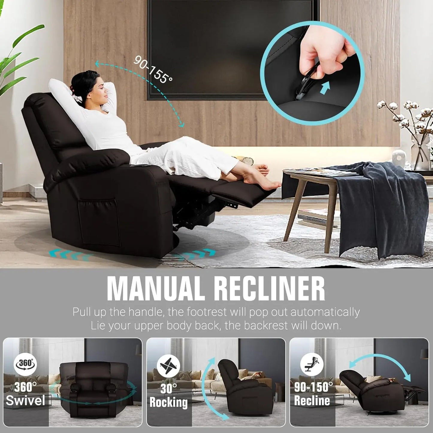 Rocking Recliner Chair, Massage Rocker Recliner Chair with Vibration Massage and Heat,360° Swivel Recliner Chairs,, Customized