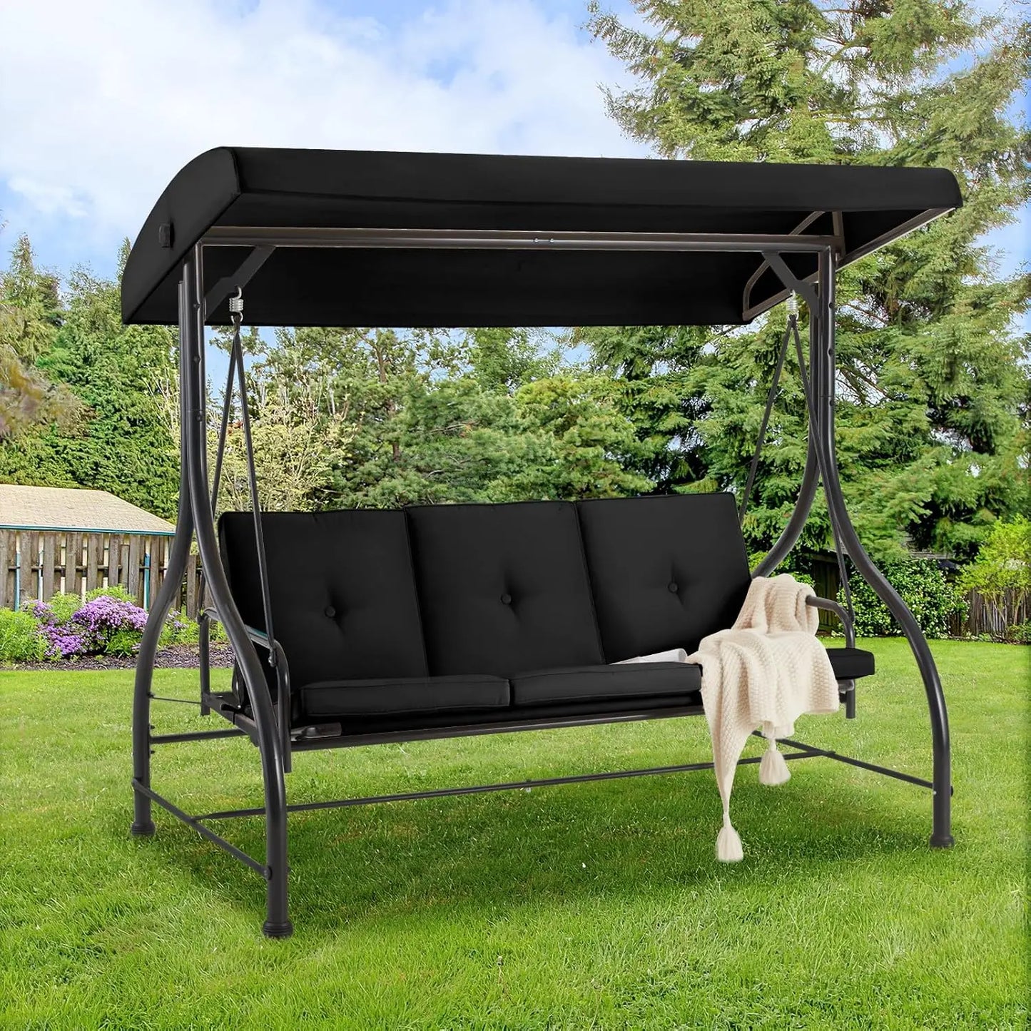 3-Seat Outdoor Patio Swing Chair, Converting Swing Glider Canopy Hammock w/Adjustable Backrest and Canopy, Customized