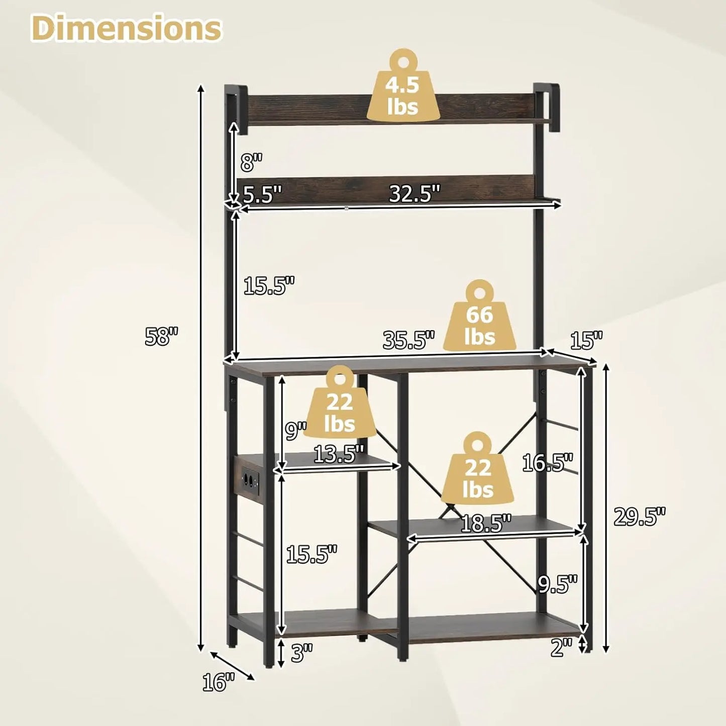 Bakers Rack with Power Outlet and LED Lights, 7-Tier Microwave Stand with Storage Shelves for Spices, Customized