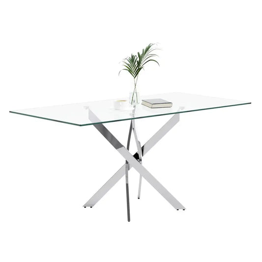 Glass Dining Table with Chromed Legs, 47in Rectangular Kitchen Table for Kitchen Dining Room Home Office 47.24 27.55, White Sil