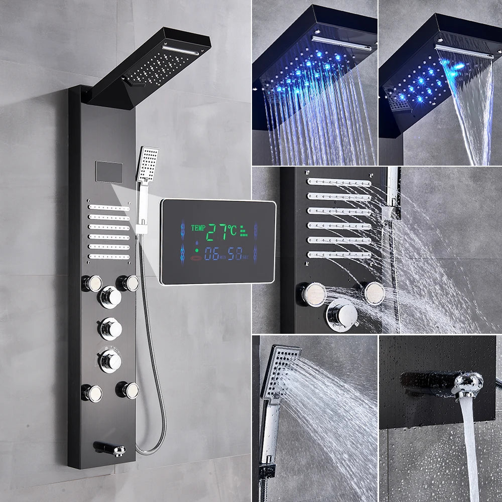Newly Luxury Black/Brushed Bathroom Shower Faucet LED Shower Panel Column Bathtub Mixer Tap With Hand Shower Temperature Screen