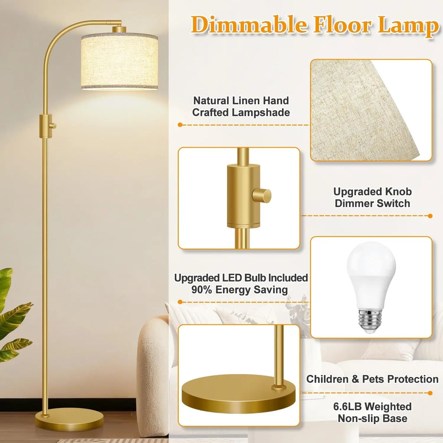 Modern Arc Dimmable Floor Lamp with Linen Shade, 1200 Lumens LED Bulb Included, Gold Finish for Living Room