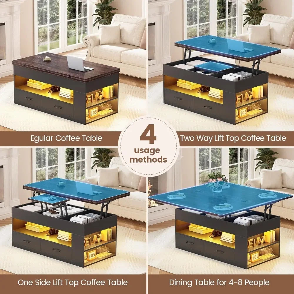 4-in-1 Lift Top Coffee Table with Storage, LED Lights, and Hidden Compartment for Living Room - Black