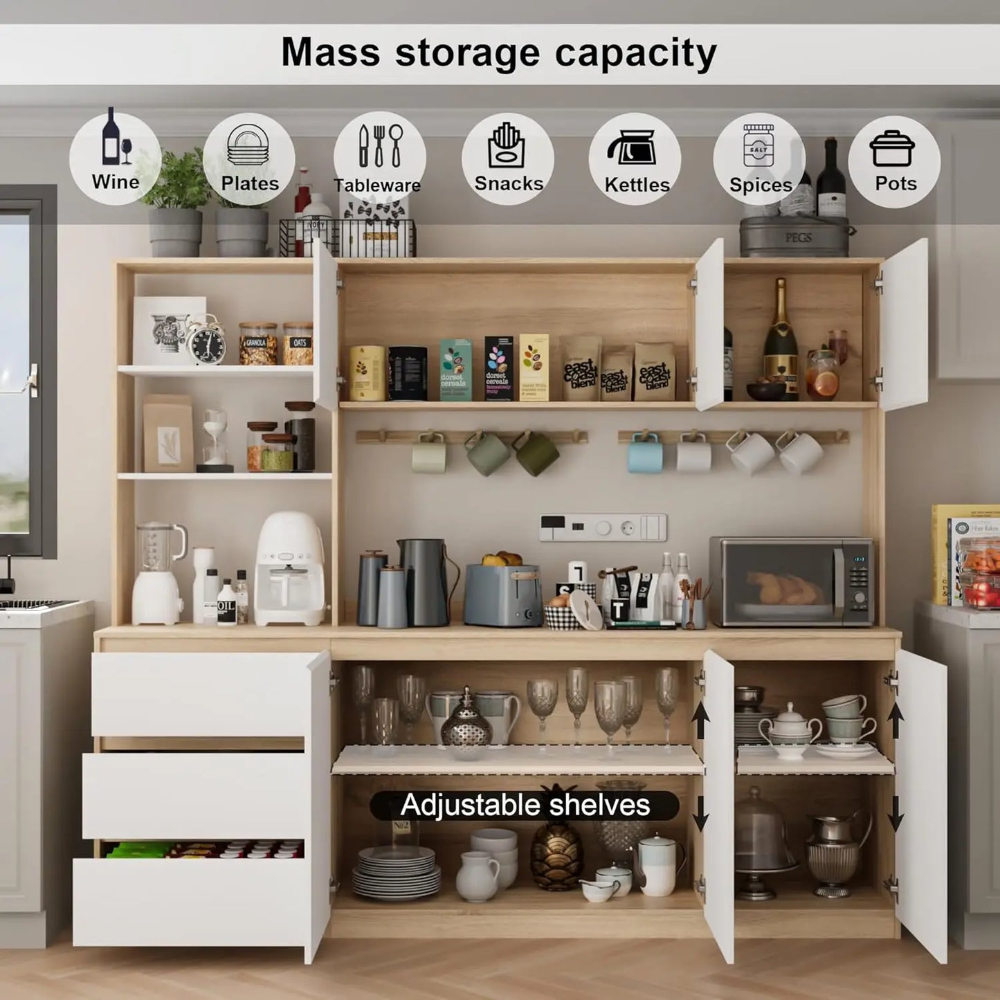 Extra Large Kitchen Pantry with Microwave Shelf, Kitchen Hutch Storage Cabinet with Countertop, Freestanding, Customized