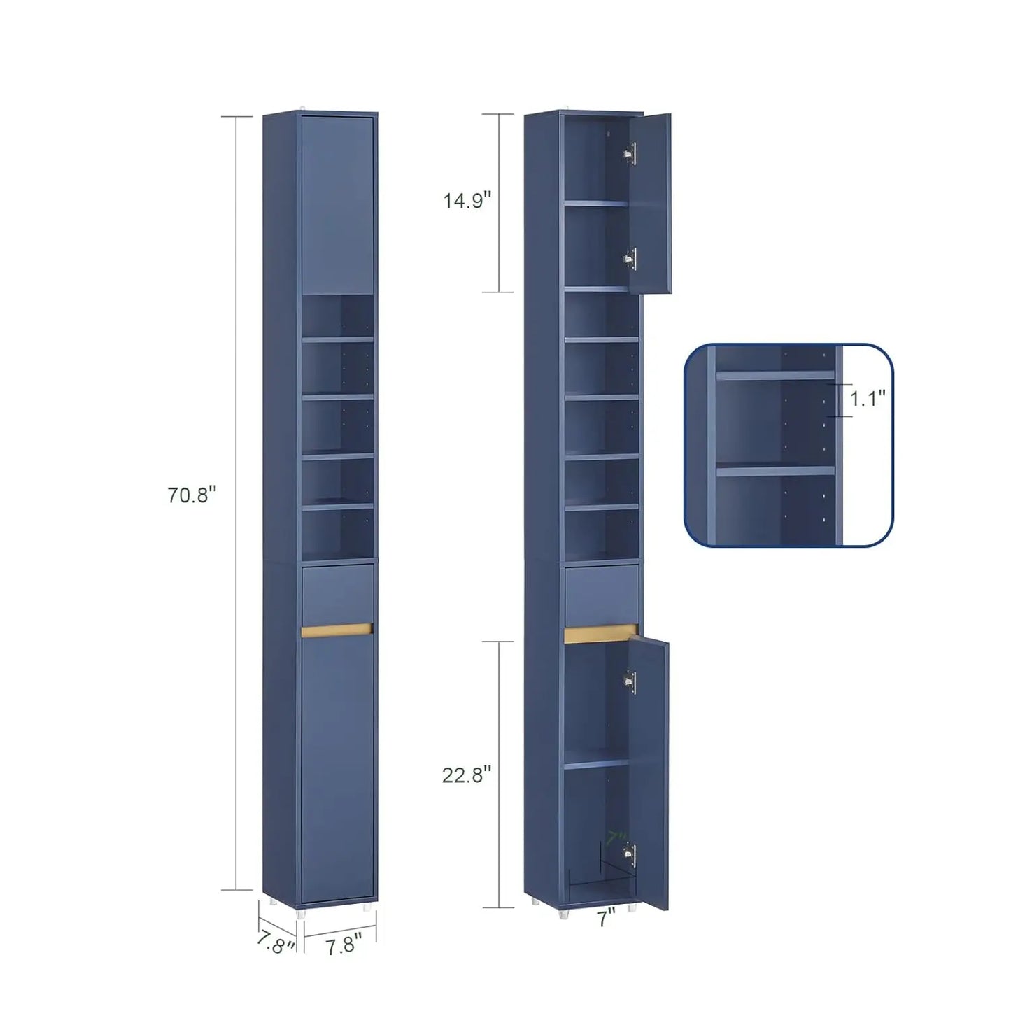 Narrow Bathroom Storage Cabinet Adjustable Shelves Anti-Tipping Tall Floor Cupboard Blue Customized