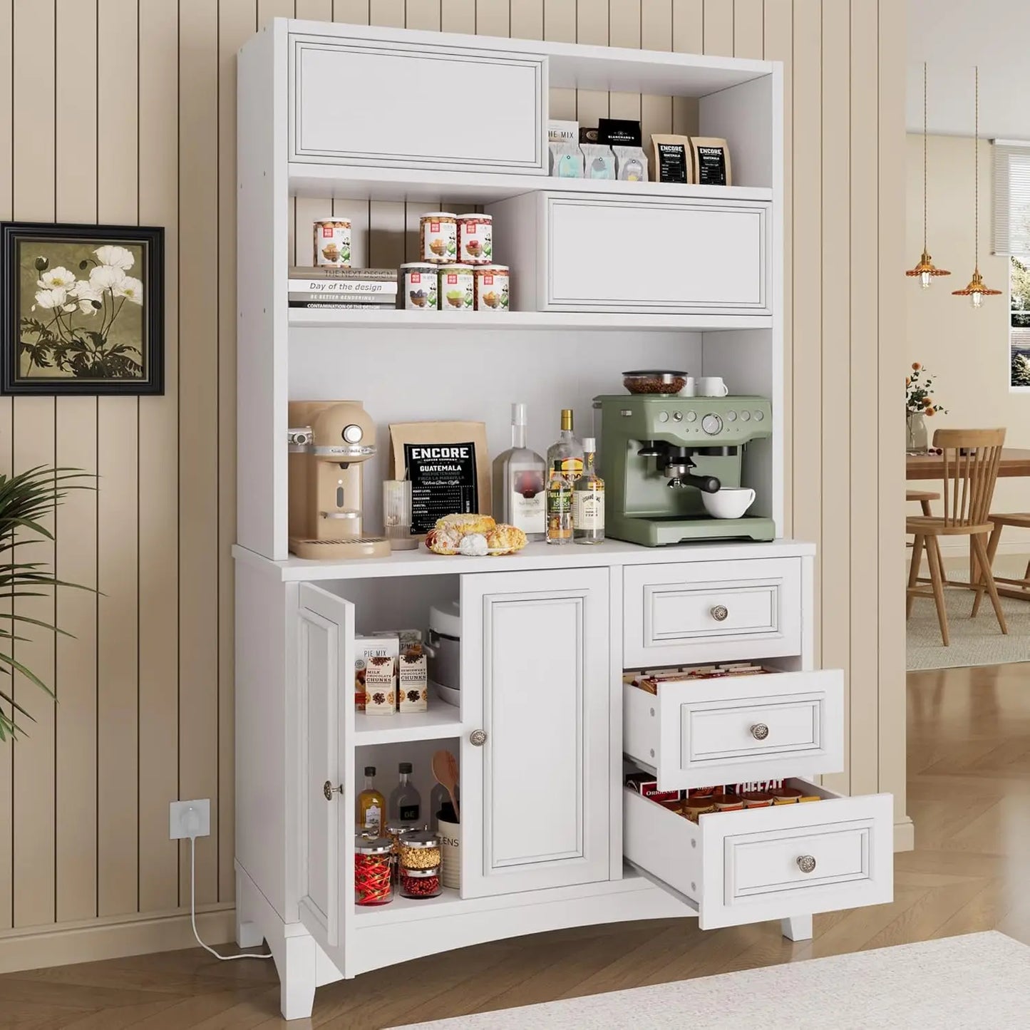 71" Tall Kitchen Pantry Cabinet with Microwave Shelf Built-in Charging Station, Black Sliding Door Cabinet, Customized