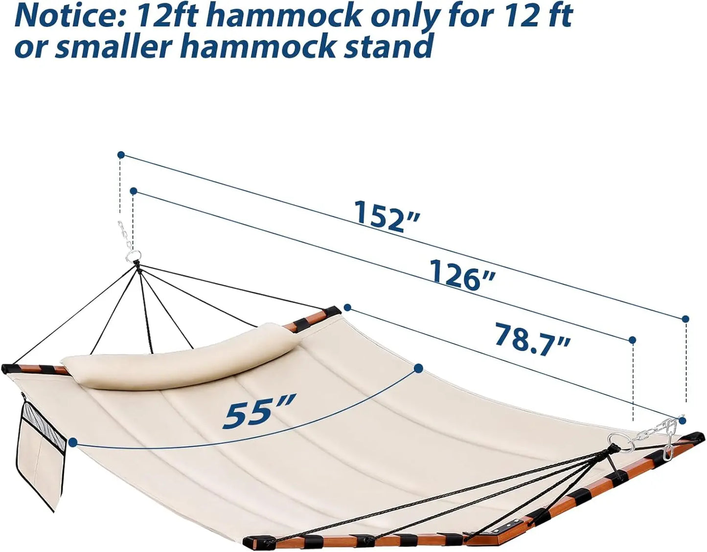 12FT 2-Person Large Hammock with V-Shaped Hardwood Spreader Bar, Nylon Rope for Outdoor Use - Beige