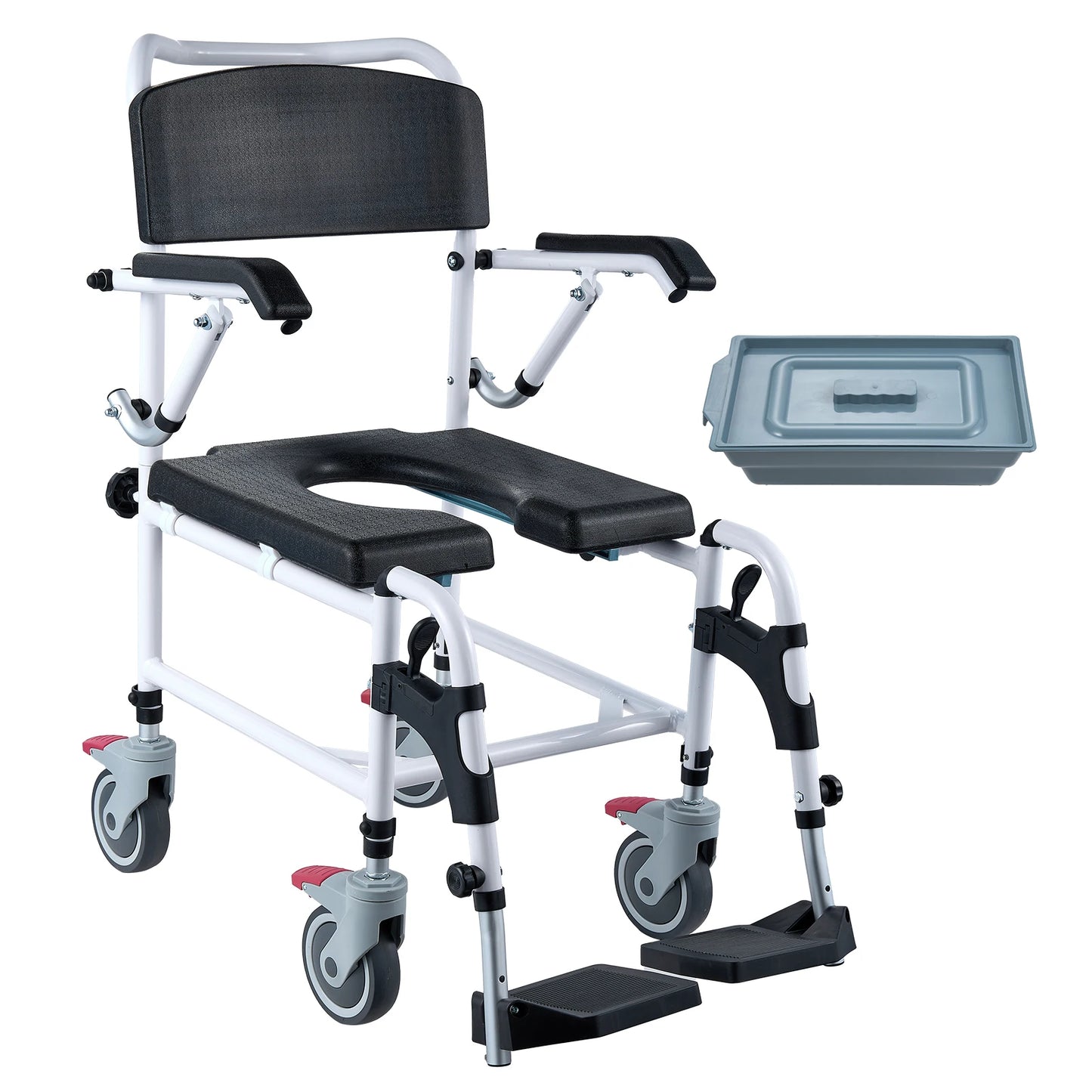 SucceBuy Shower Commode Wheelchair with 4 Lockable Wheels Footrests Flip-up Arms 3-Level Adjustable Height 5L Removable Bucket