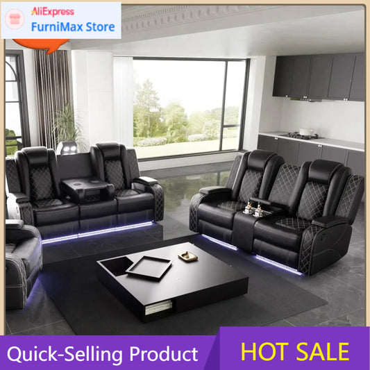 Power Recliner Sofa Set with LED Light for Living Room Furniture，Black Leather Reclining Sofa and Loveseat Set 3 Seater Sofa
