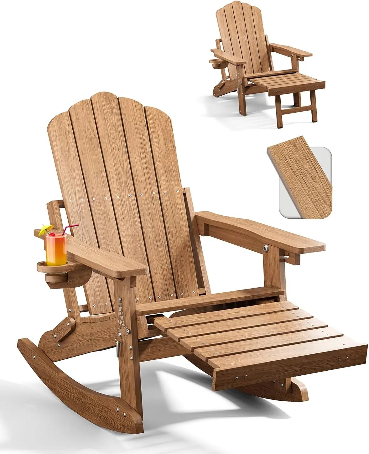 Adirondack Rocking Chairs with Retractable Ottoman & Cup Holders, 6-in-1 Folding HDPE Outdoor Rockers for Patio, Porch, Lawn