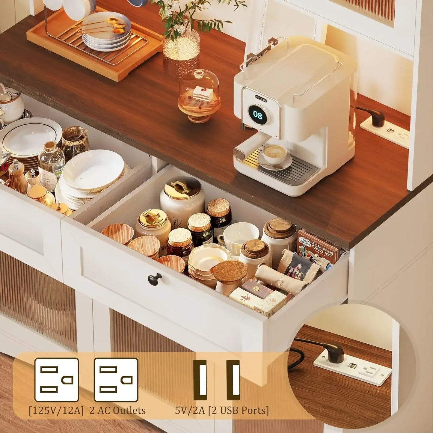 71" Kitchen Pantry Cabinet with Lights & Acrylic Doors, Storage Hutch with Microwave Stand Customized