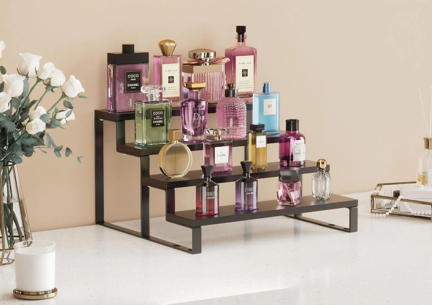 4 Tier Wood Cologne Organizer 12 Inch Waterproof Perfume Display Stand with Anti-Slip for Men Dresser Top