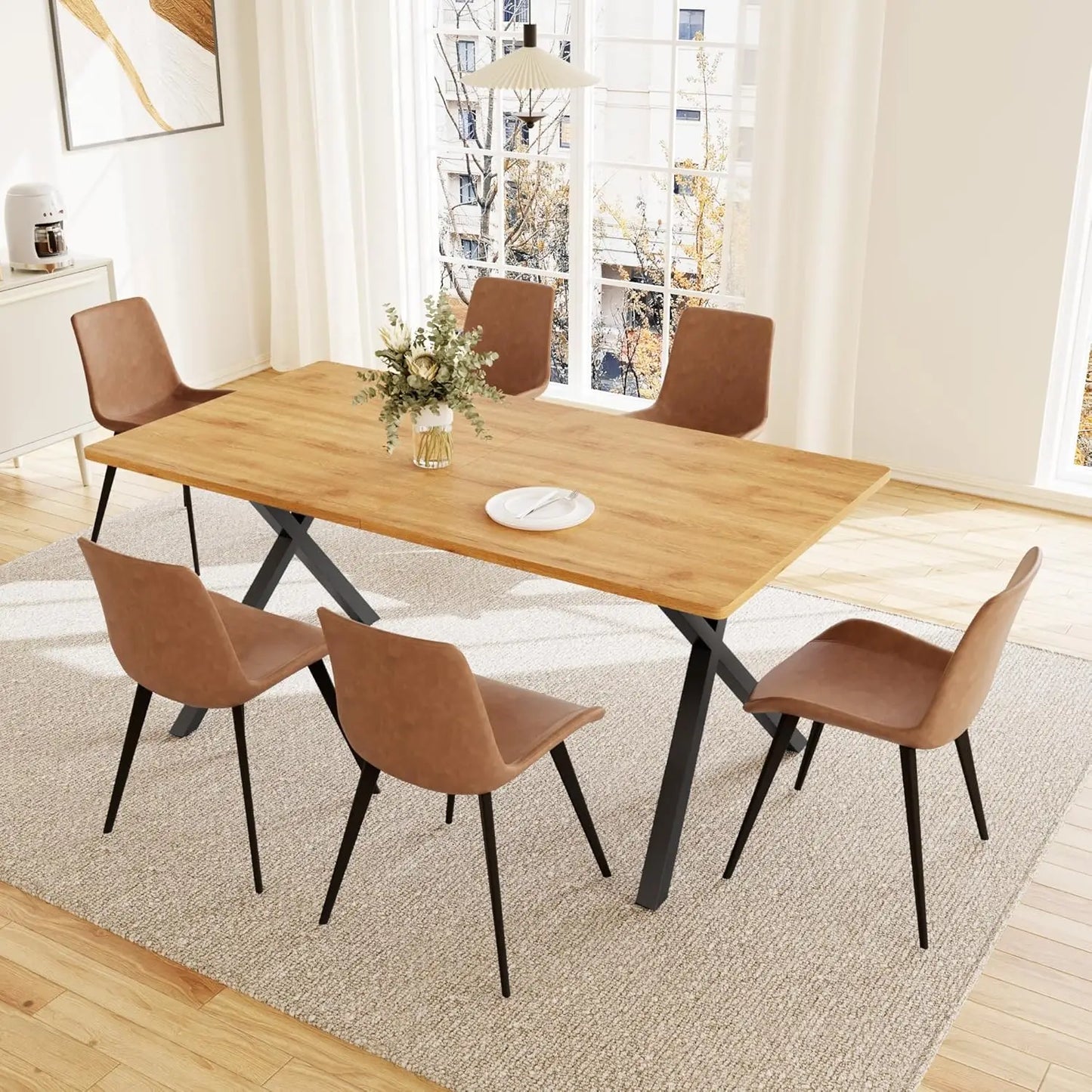 7-Piece Dining Set 63in MDF Table 6 Upholstered Chairs Metal Legs Kitchen Room Oak White Custom
