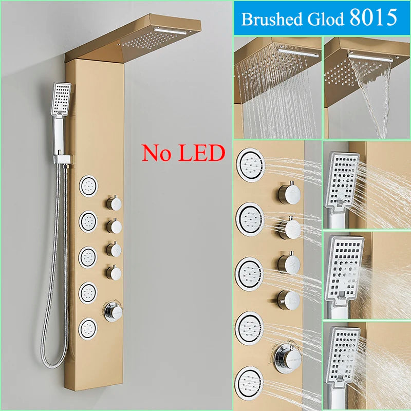 Nekjacg Black LED Shower Faucet Shower Panel & Column Bathroom Waterfall Rain Shower System Wall Mount Massage Spa Spout System