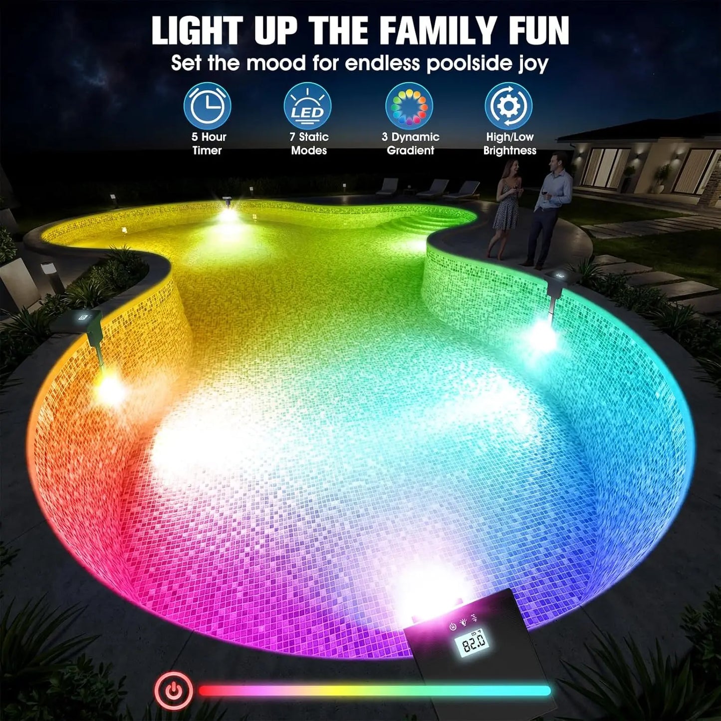 Solar Pool Lights with LCD Thermometer, Underwater LED for Inground Pools, 10 Light Modes