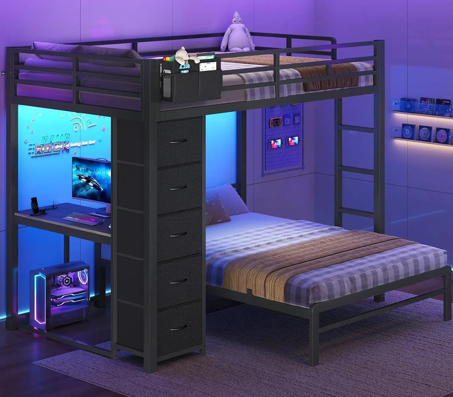 Bunk Bed with Desk, Full Over Full Bunk Beds with 5 Storage Drawers & Charging Station, Full Size Bunk Bed with LED, Custom