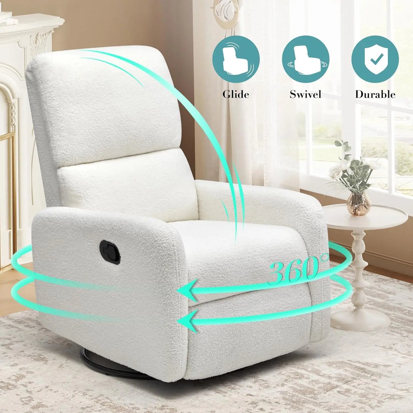 Swivel Glider Rocking Recliner Chair Upholstered Comfy Nursery Living Room Bedroom Teddy White No Side Pockets, Customized