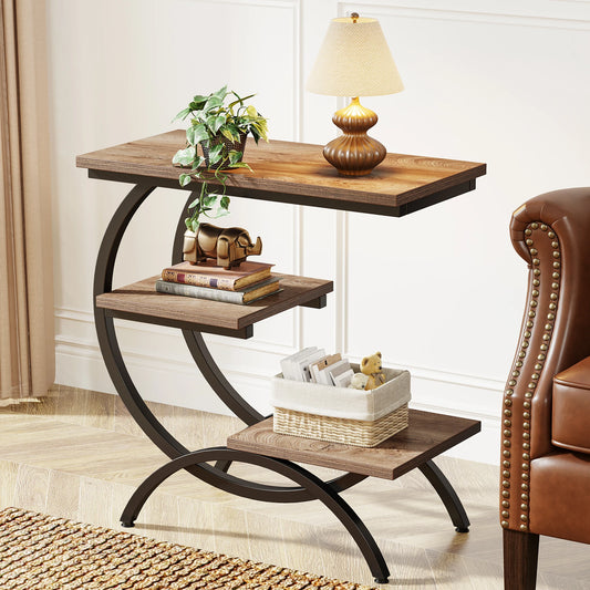 Tribesigns C-Shaped End Table, Industrial 3-Tier Small Table for Couch with Storage Shelves