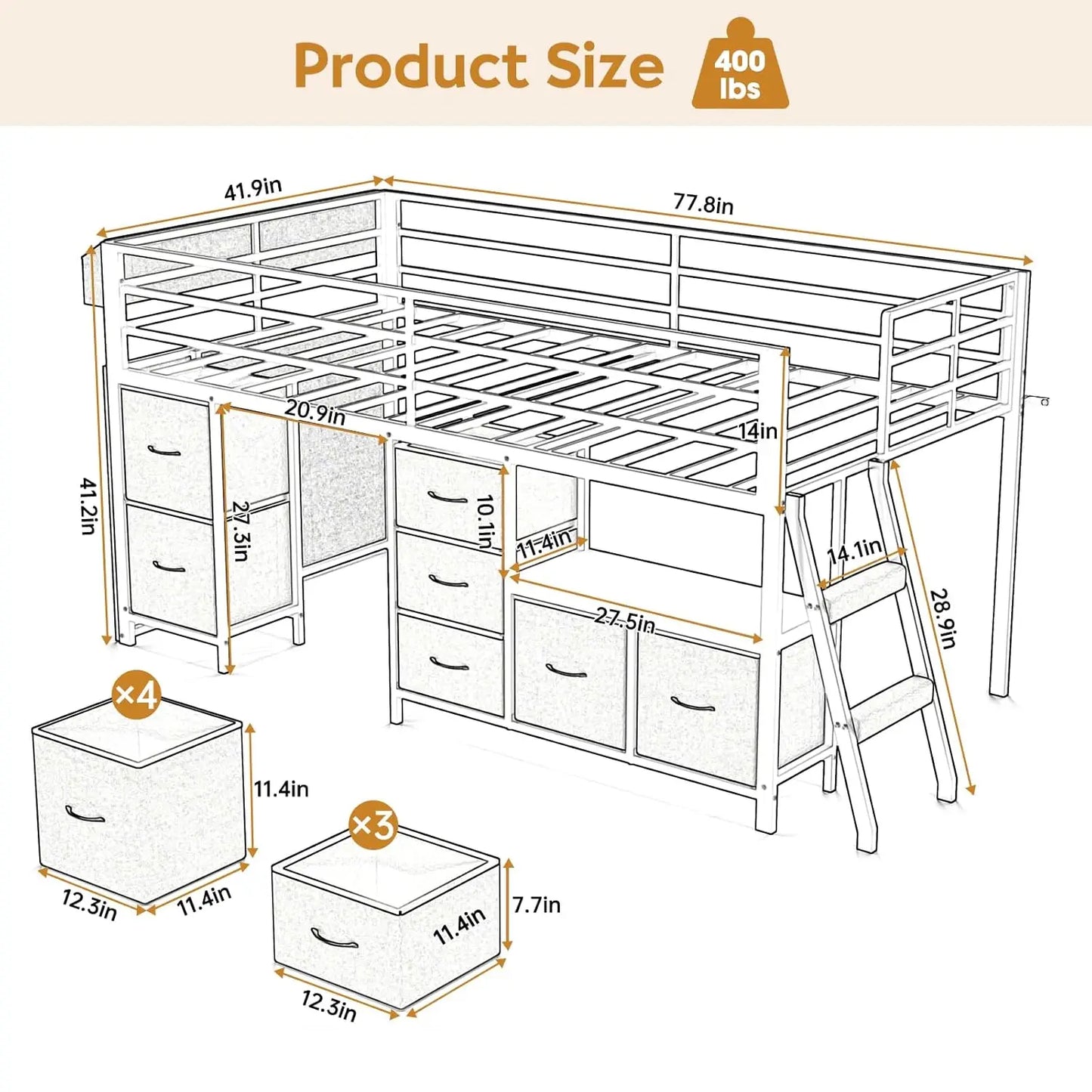 Twin Low Loft Bed 7 Drawers Bookcase 14" Guardrail LED Steel Slat Kids Play Space Gray, Customized