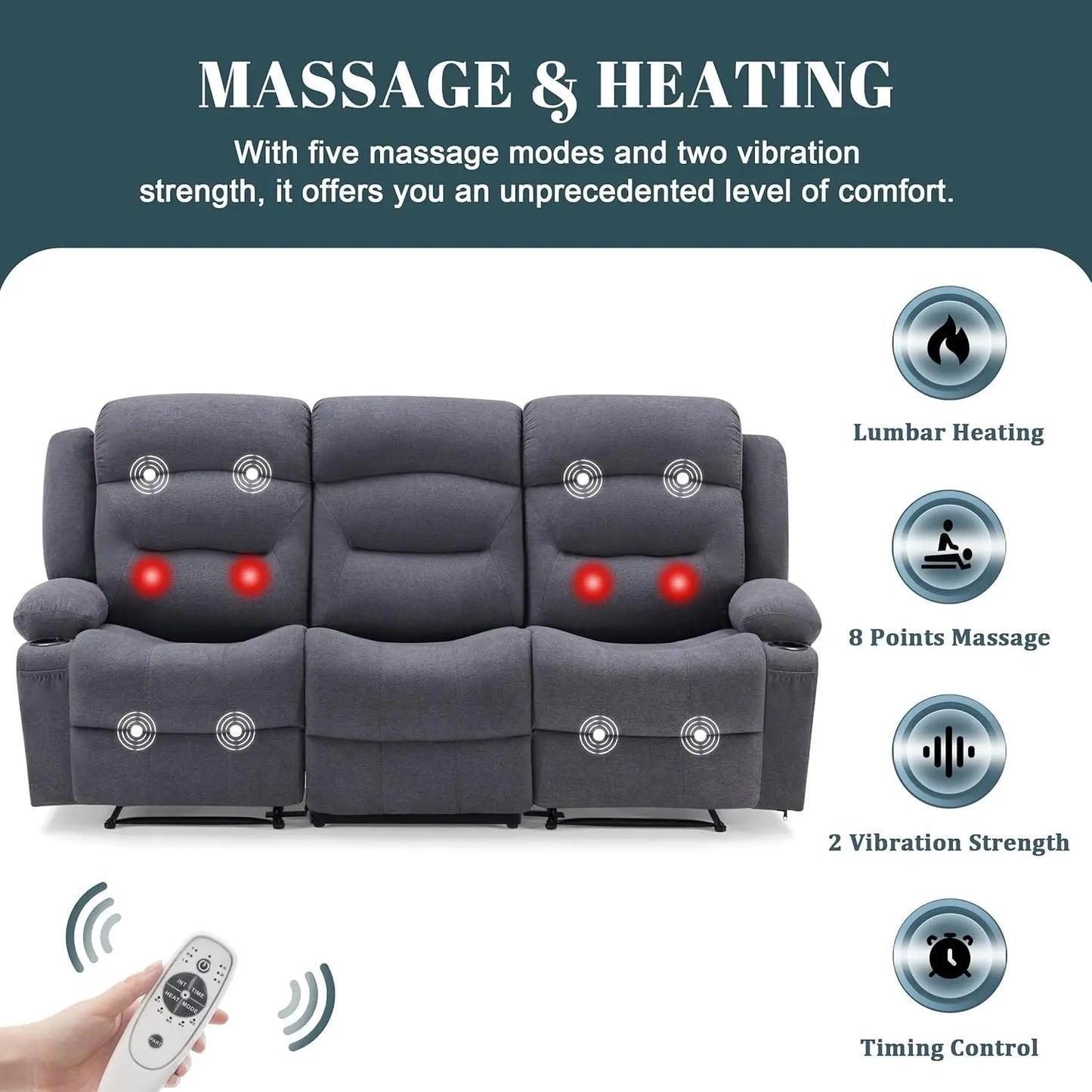 Oversized 3-Seater Recliner Sofa with Heat & Massage Wall-Hugger Cup Holders USB Port Fabric Grey for Living Room RV