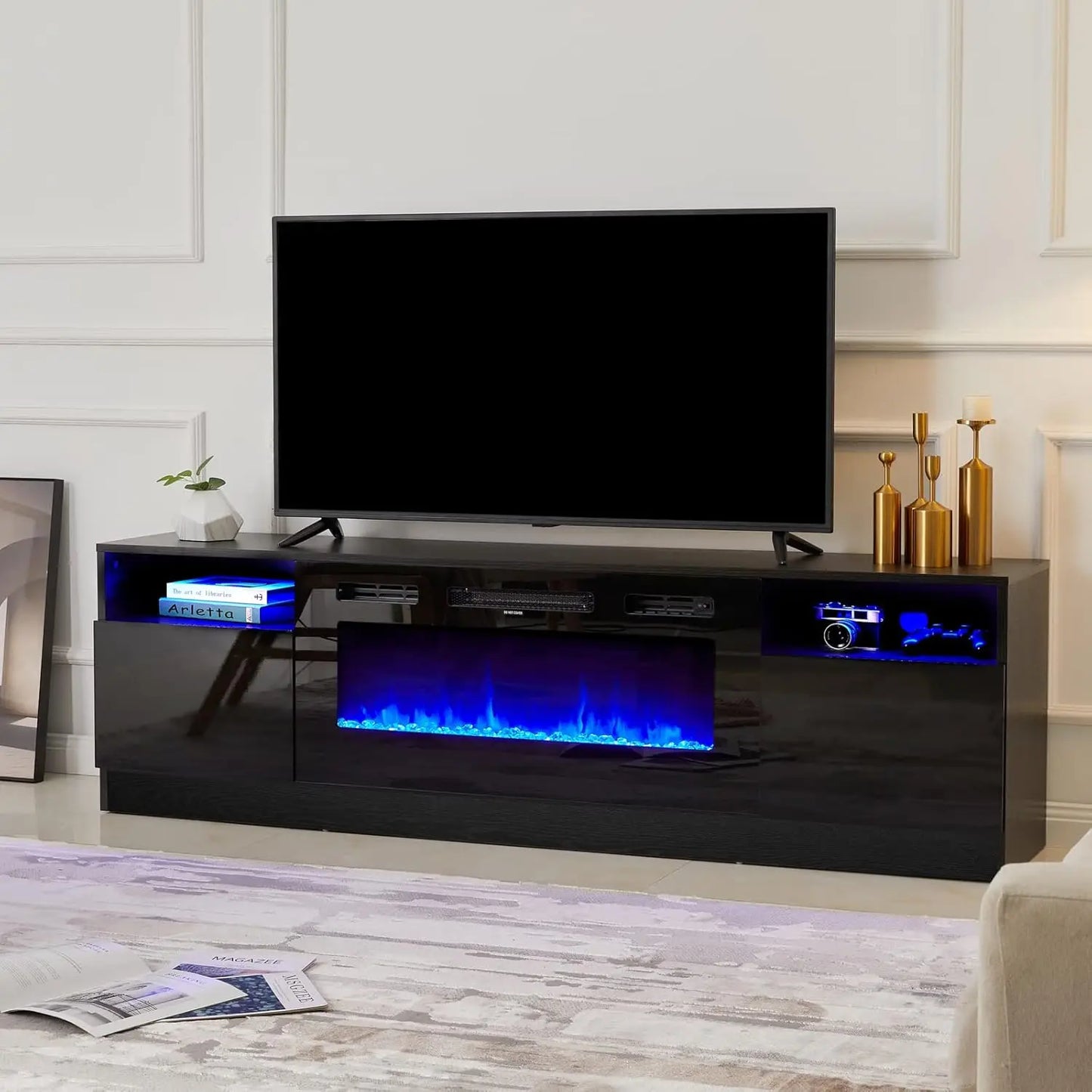 70" Fireplace TV Stand LED Light Wood Texture Storage Cabinet Up to 80", Customized
