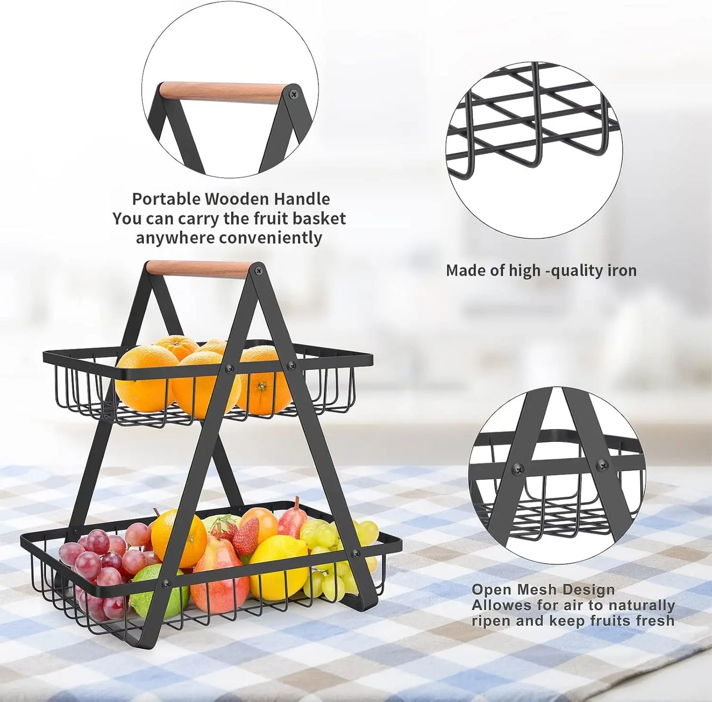 2-Tier Metal Fruit Basket, Portable Kitchen Organizer for Fruits Vegetables Snacks Storage