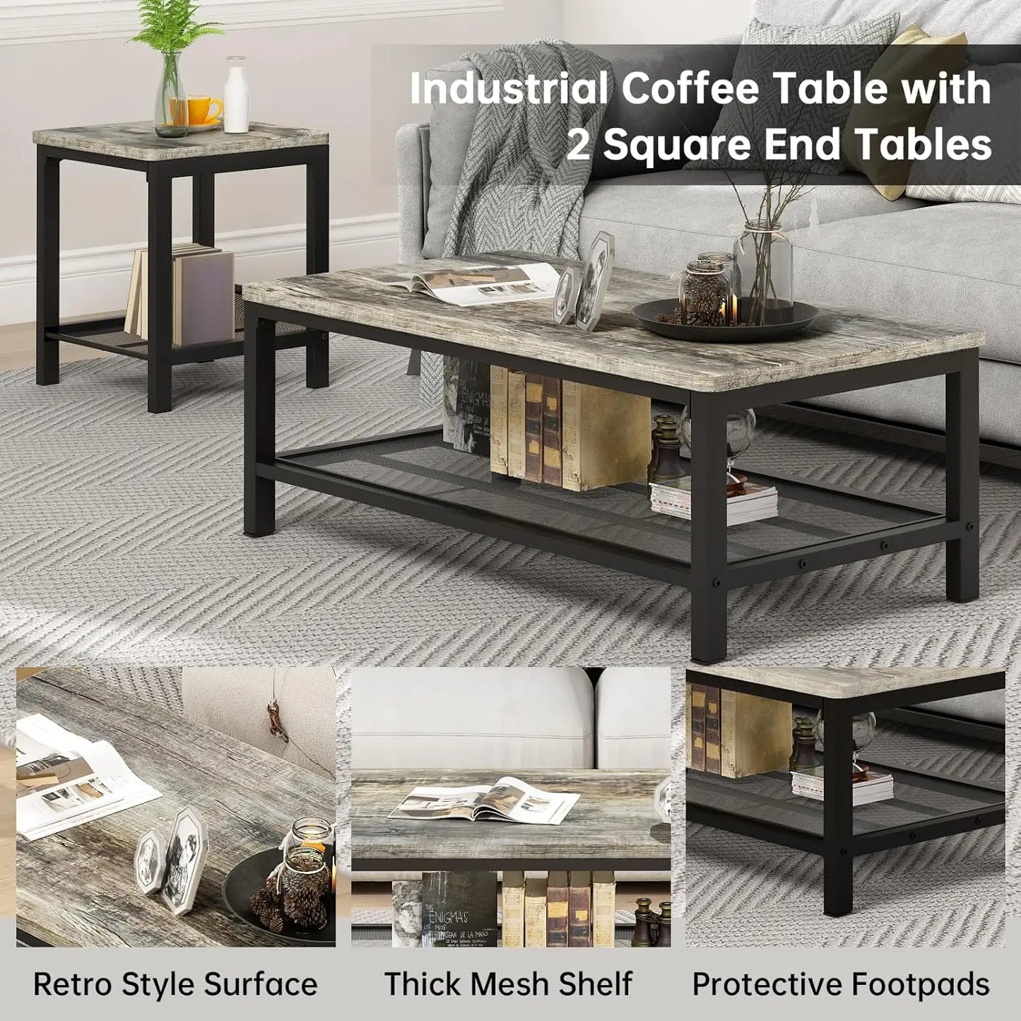 Coffee Table Set of 3, Industrial Coffee Table with 2 Square End Side Tables, Modern Living Room Table Set with, Customized