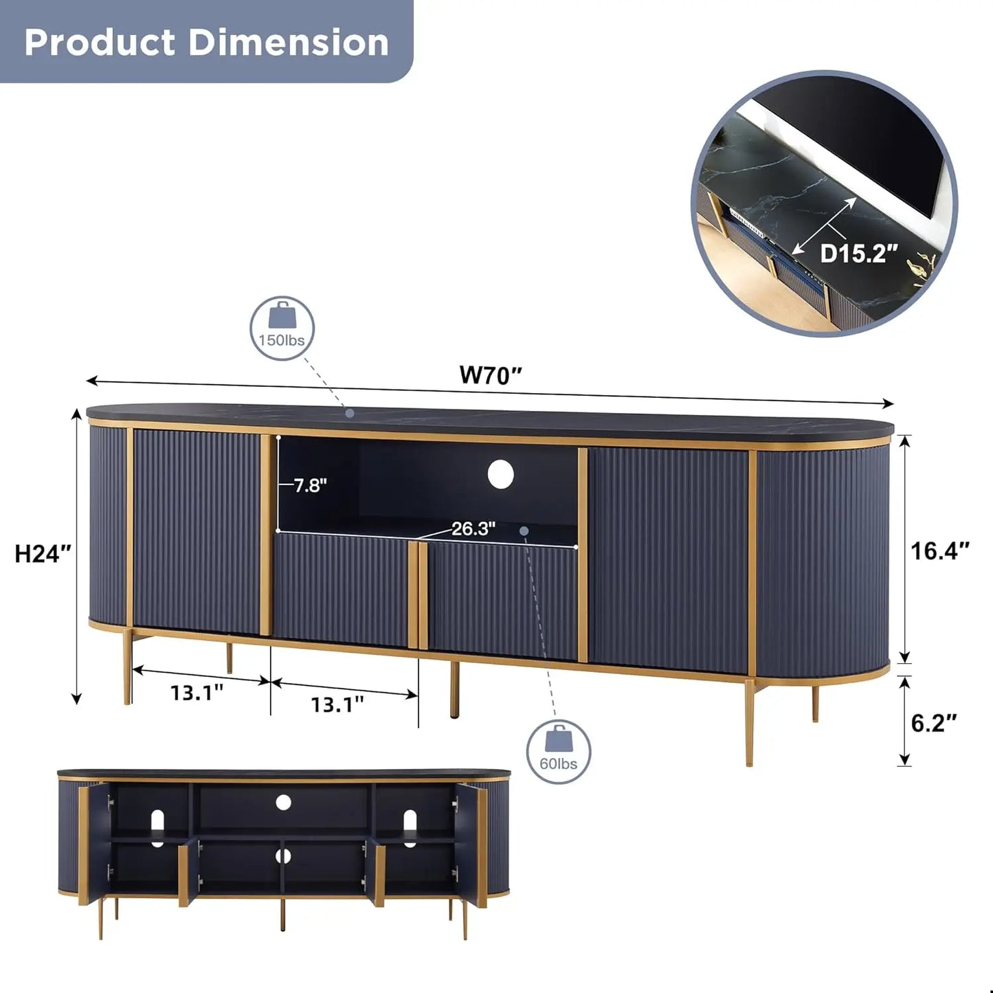 70" Fluted TV Stand Modern Entertainment Center Faux Marble Top Curved Profile Media Console Living Room Navy Blue Customized