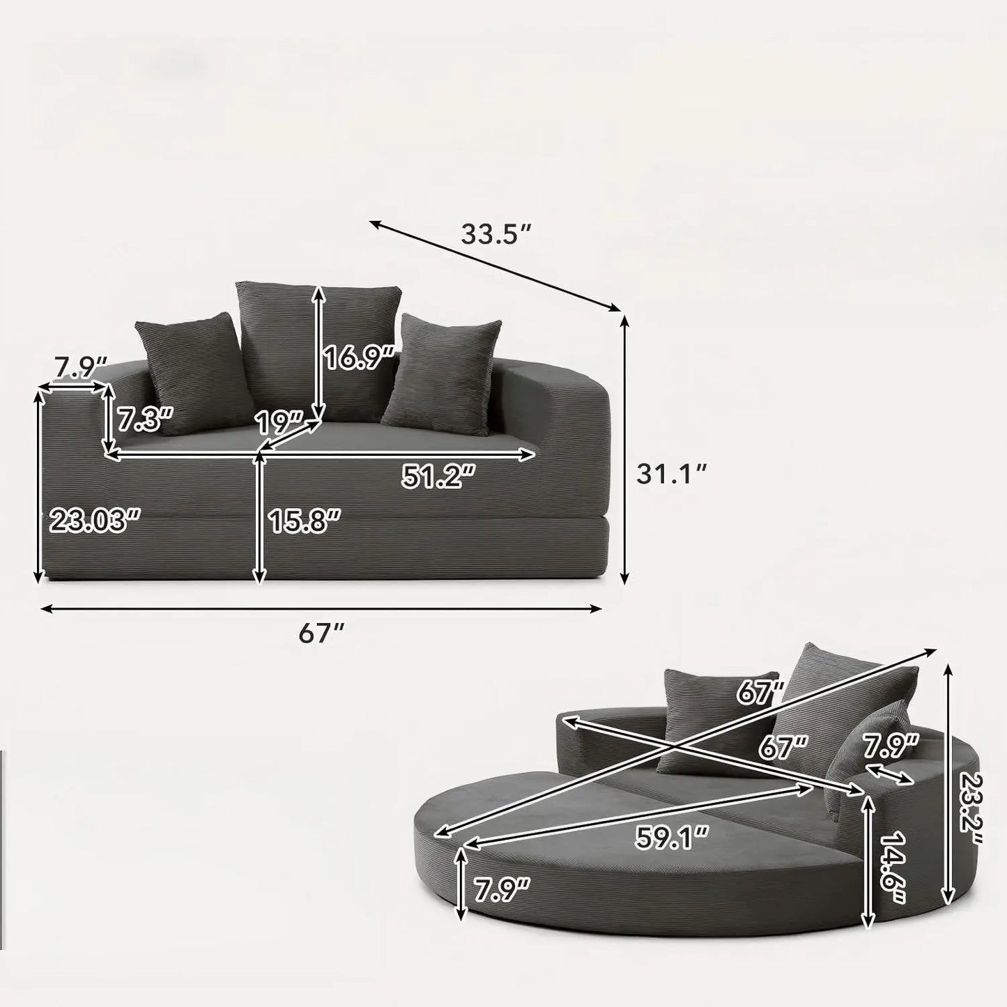 Convertible Corduroy Loveseat Sleeper 67in Pull-Out Floor Bed 3 Pillows 550lbs Capacity, Customized